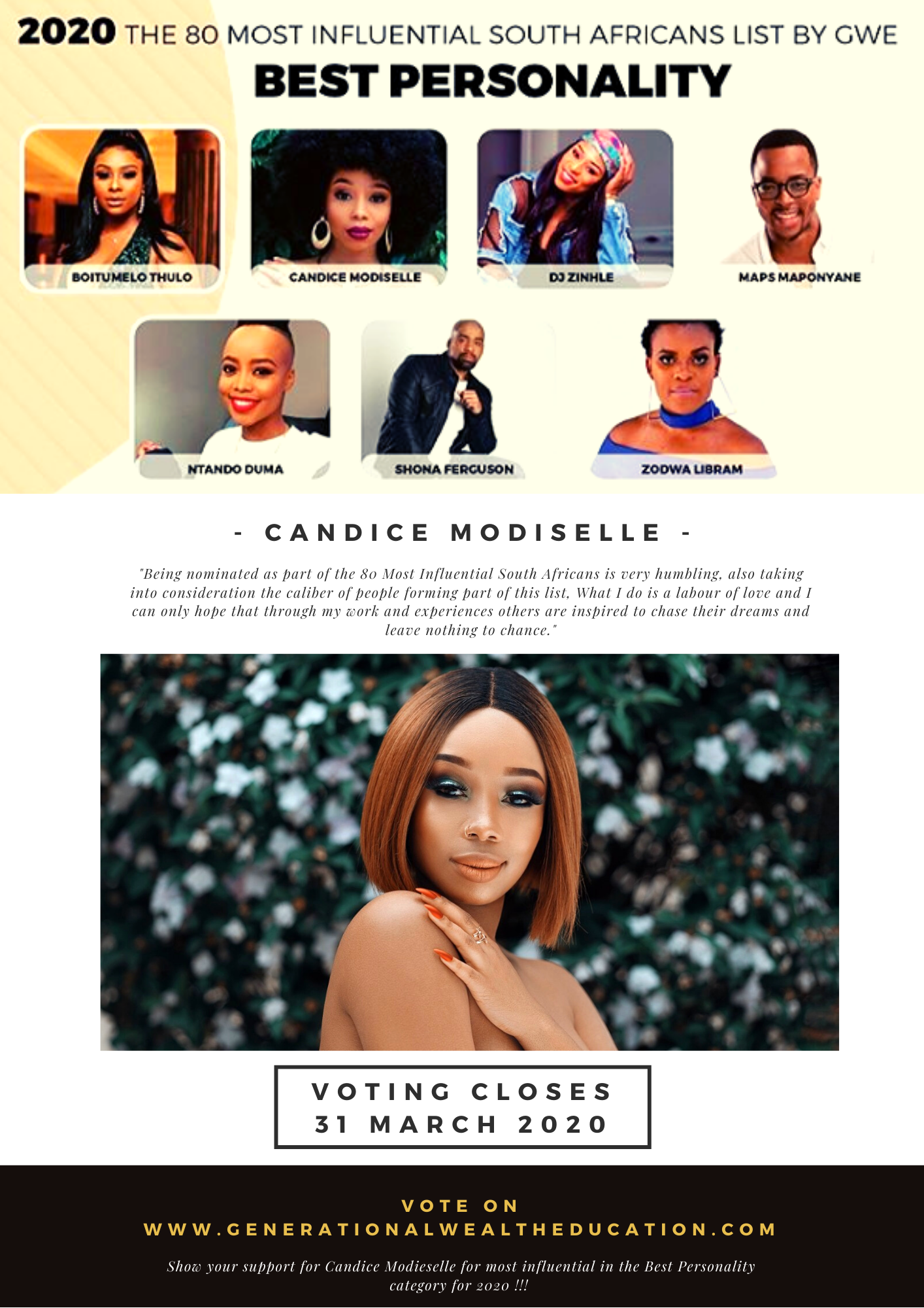 Canandice Moodiselle Makes 2020’S 80 Most Influential South Africans By GWE